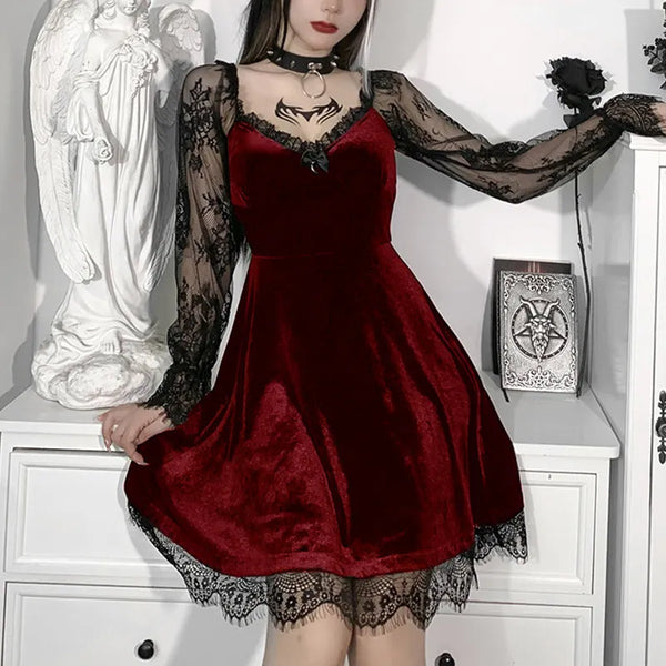Dark Temptations: E-Girl Grunge Gothic Lace Trim Mini Dress - Y2K