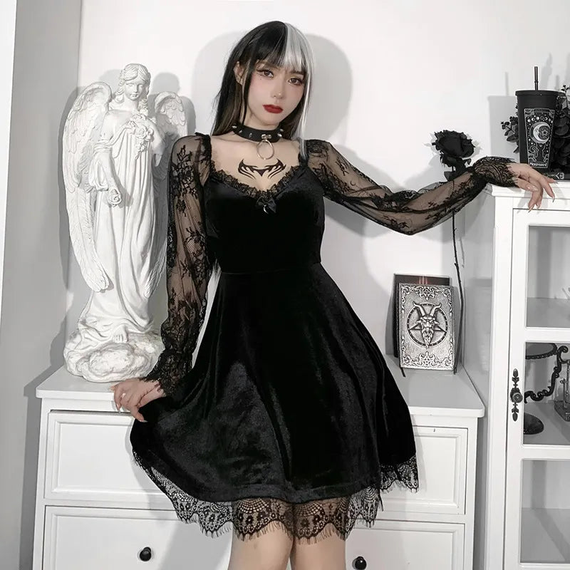 Dark Temptations: E-Girl Grunge Gothic Lace Trim Mini Dress - Y2K