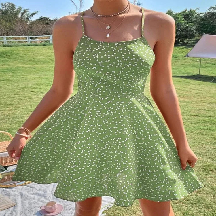 Confetti Heart Print Crisscross Tie Backless Cami Summer Dress – Stylemein