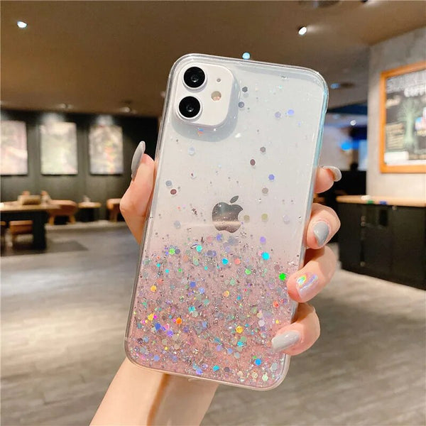 Clear Glitter Phone Case with Cute Gradient Rainbow Sequins for