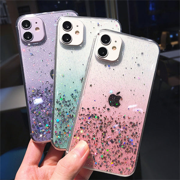 Clear Glitter Phone Case with Cute Gradient Rainbow Sequins for