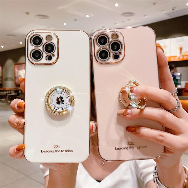 Luxury Square Cute Clover Pink Phone Case For Iphone 12 Mini 11