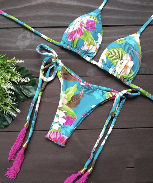 Sexy Floral Print Bikinis Striped Patchwork Swimsuit - Bandage