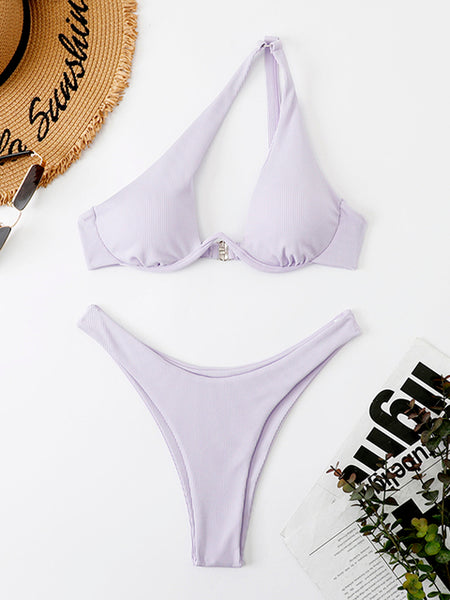 2022 New Sexy Solid Color Purple Bikini Underwire Push up Swimsuit